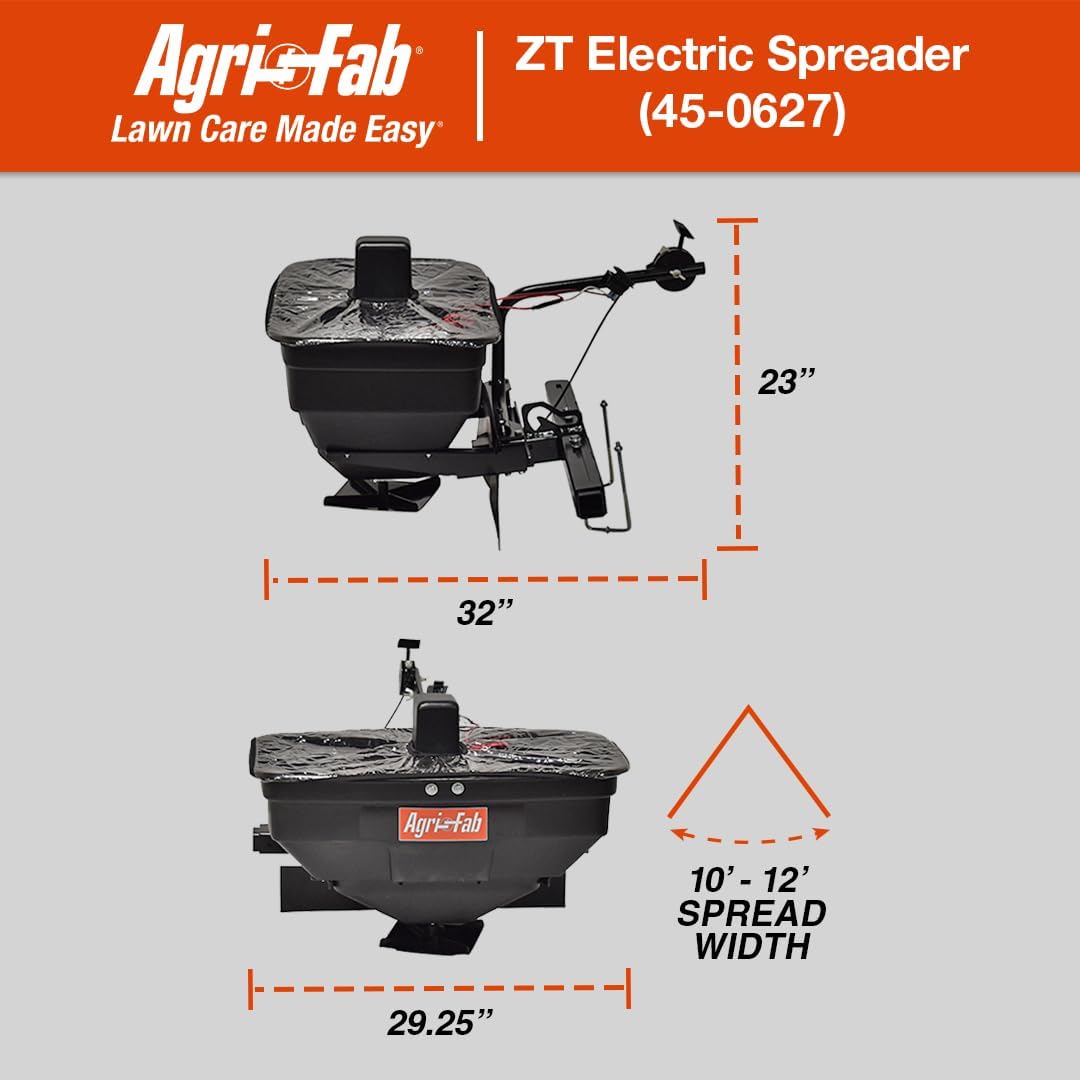 Agri-Fab 45-0627 Zero Turn Mower Electric Spreader, 125 lb Hopper Capacity, Grass, Seed, and Fertilizer Spreader, Spread Width up to 12 ft, Black