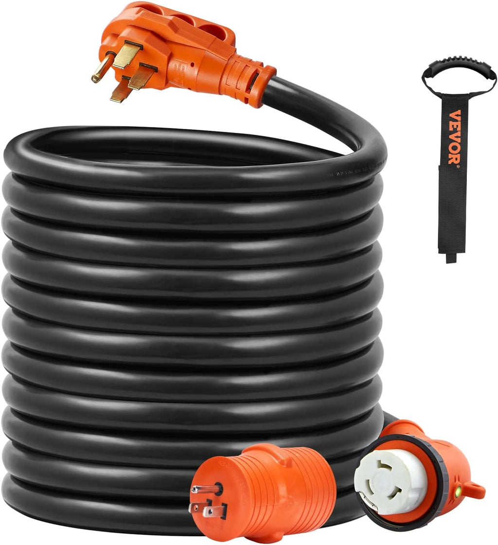 VEVOR 30FT 50 Amp RV Extension Cord, 6/3+8/1 AWG Pure Copper STW Power Cord 125V/250V 12500W, NEMA 14-50P to SS2-50R with LED Indicator & 15A Adapter, ETL Listed for RV Camper Generator EV Charger