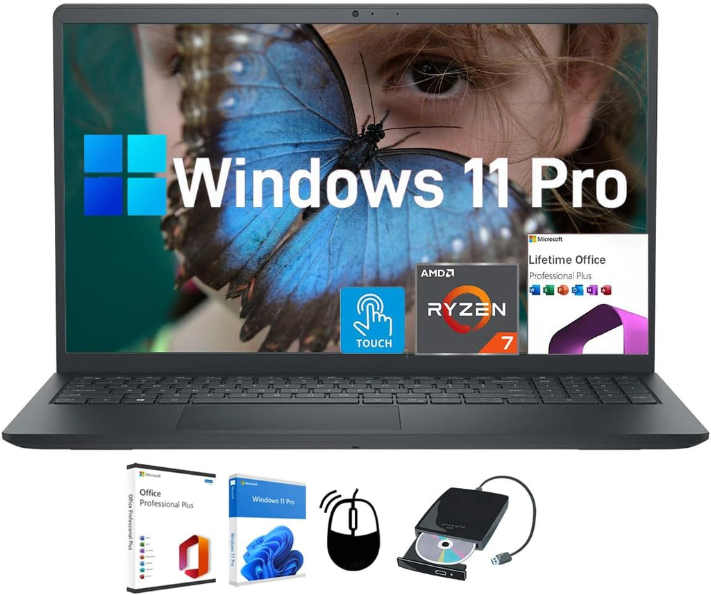 Dell Inspiron 15.6' Touchscreen Laptop - Win 11 Pro, Office Lifetime License, AMD Ryzen-7 7730U, 15.6'' FHD Display, Business & Student Laptop Computer, Long Battery Life, (16GB RAM | 1TB SSD)