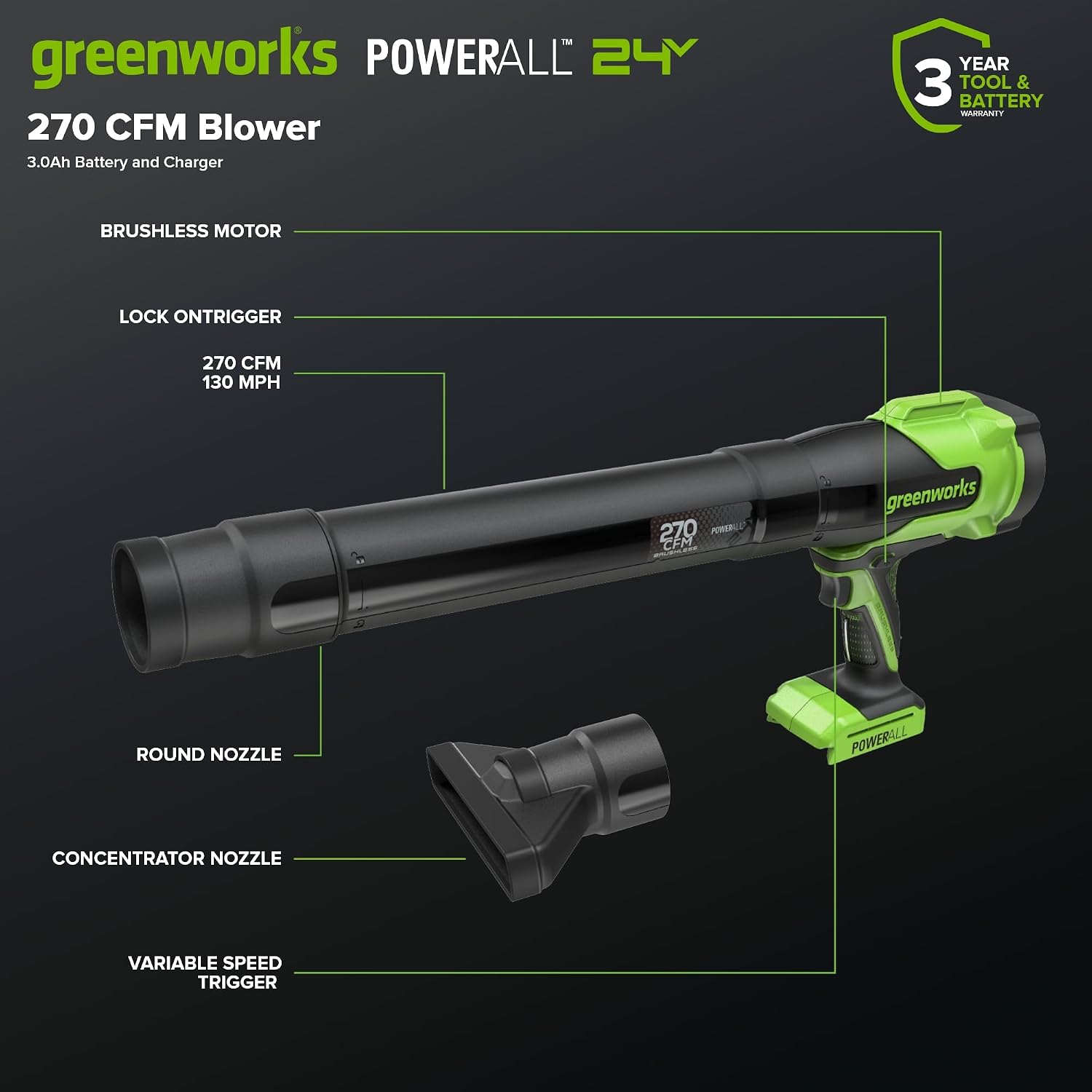 Greenworks 24V (270 CFM / 130 MPH) Brushless Compact Leaf Blower, Powerful for Yard, Patio, Deck and Driveway Cleanup, Includes 3.0Ah USB-C Battery and GaN Charger