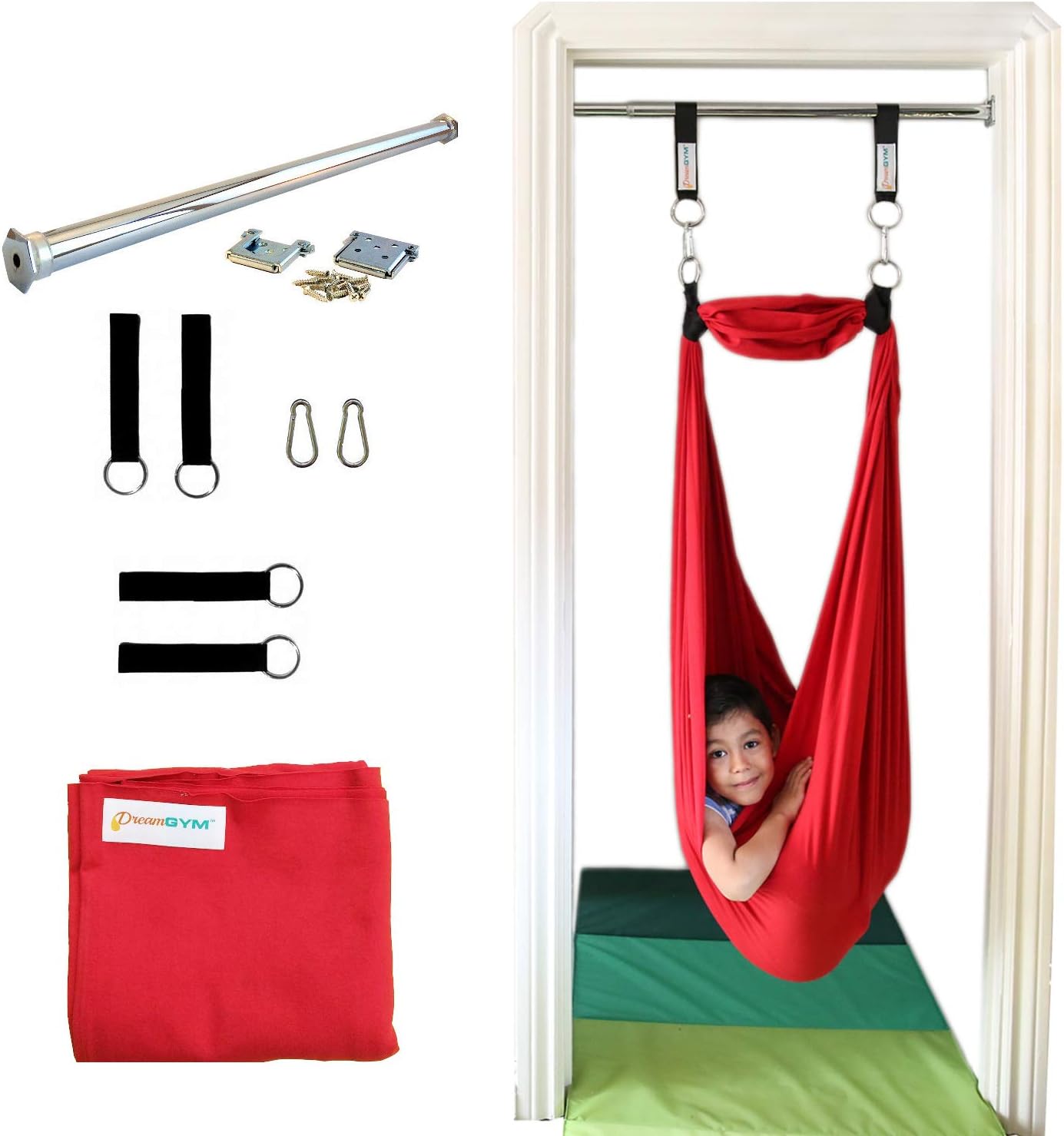 DreamGYM Doorway Sensory Swing - Supports 220lbs, Steel Bar Secured by Brackets - 95% Cotton Compression Swing for Self-Regulation (Red)