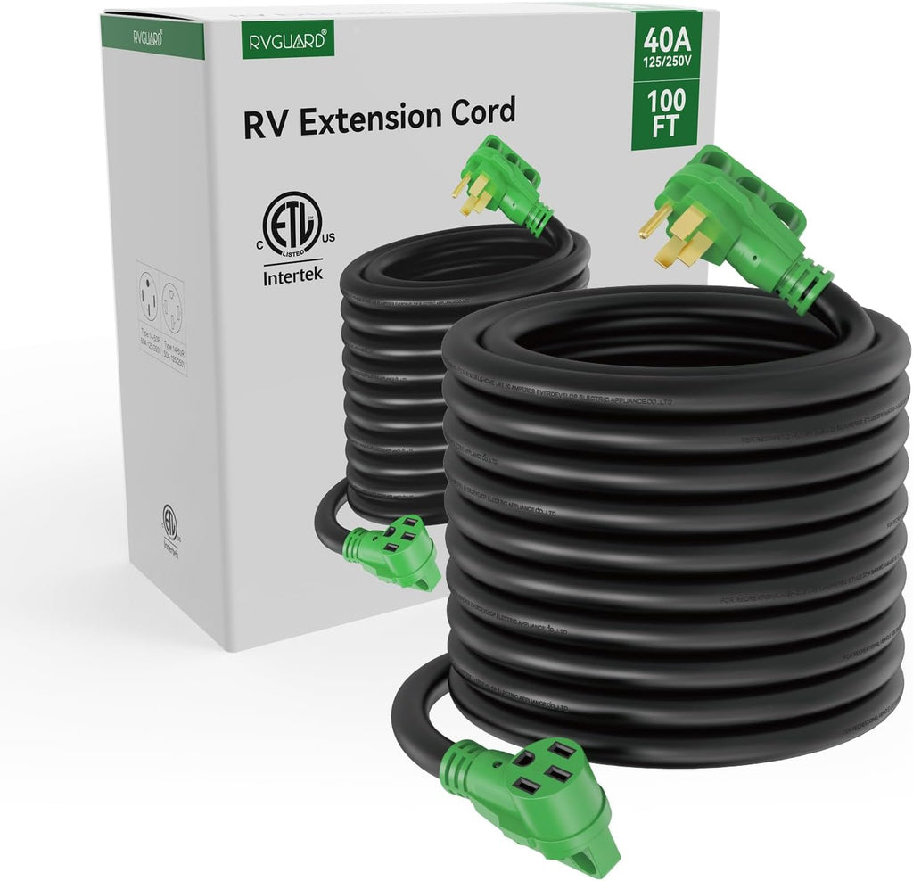 RVGUARD 50 Amp 100 Foot RV/EV Extension Cord, NEMA 14-50P/R Heavy Duty Extension Cord with LED Power Indicator and Cord Organizer, Green, ETL Listed