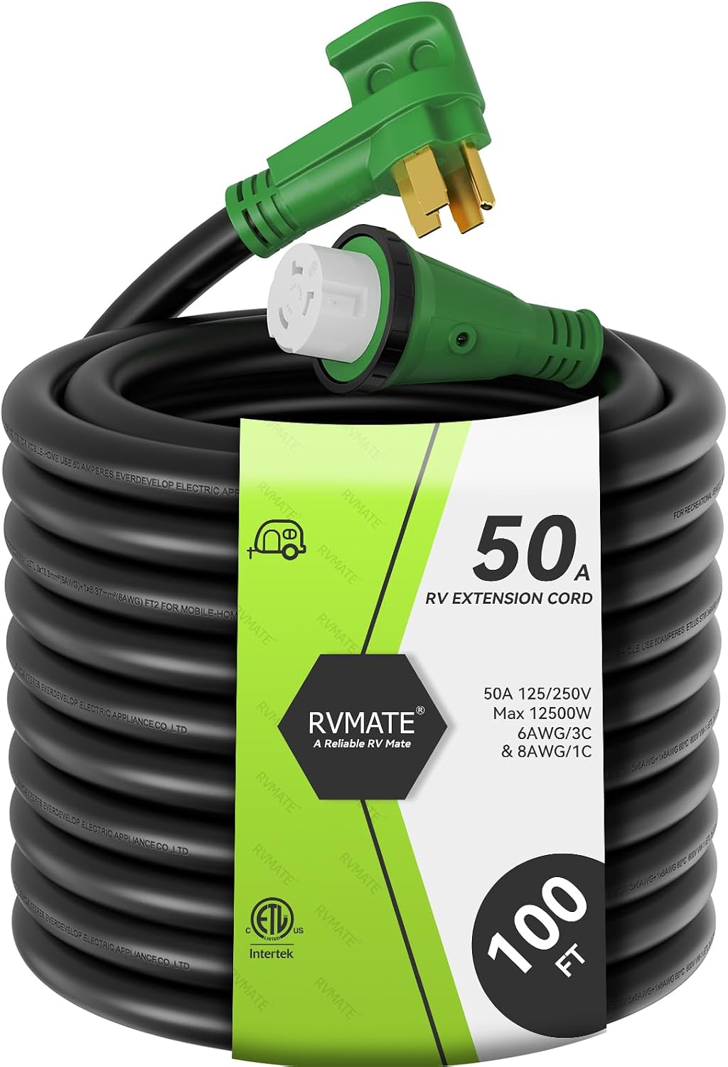 RVMATE 50 Amp 100 Feet RV/Generator Lockable Power Extension Cord, Easy Plug in Handle, 14-50P to SS 2-50R with LED Indicator, ETL Listed