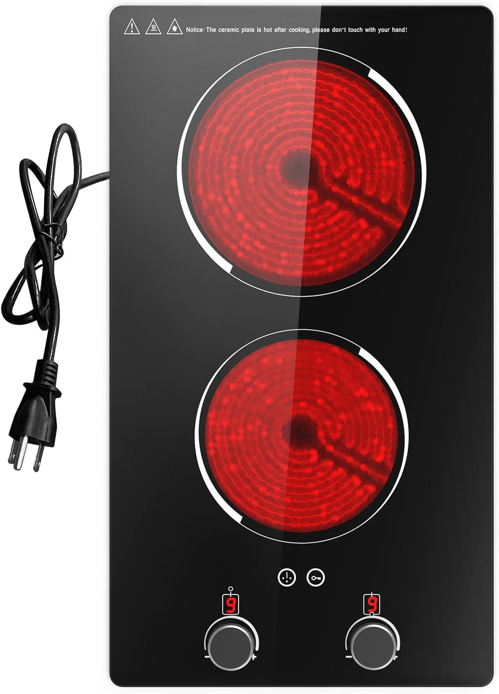 110v Electric Cooktop 2 Burners, 12'' Electric Stove Top with Plug in, Knob Control Countertop & Built-in Ceramic Cooktop, 9 Power Levels, Child Lock, Timer, Over-Heat Protection