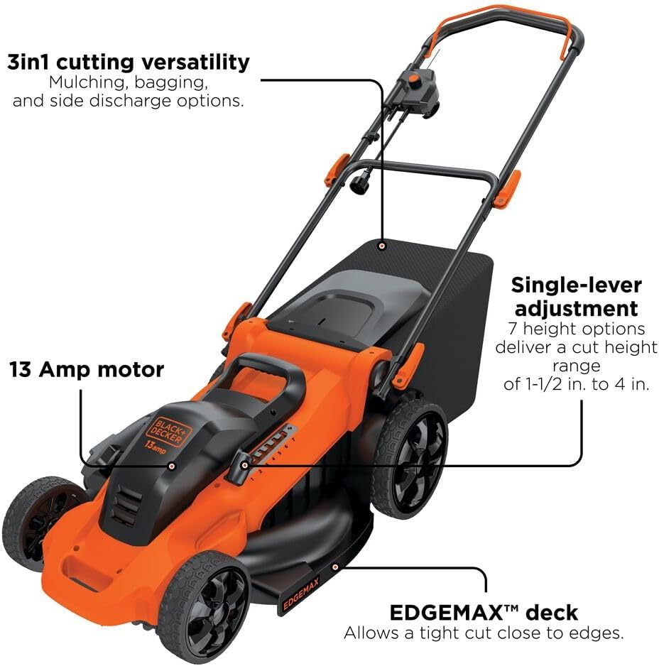 BLACK+DECKER 20-Inch Corded Electric Lawn Mower, Ultra Light Push Mower, 13-Amp High Output Motor, 3 in 1 Cutting Versatility, Tool Free Height Adjustment, 7-setting Cutting Height (MM2000)