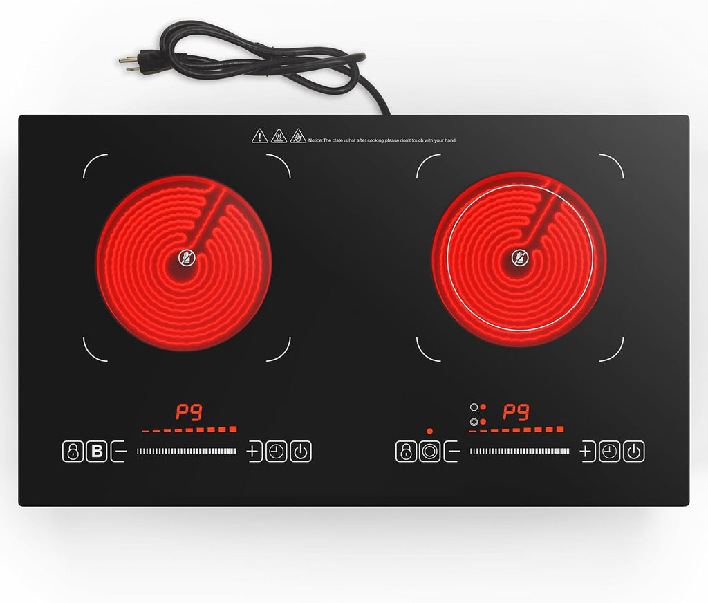 Electric Cooktop,110V 2400W,Countertop and Built-in Electric Stove top,2 Burner induction Cooktop with11 Power Levels,Child Safety Lock, Timer, LED touch control,Overheat Protection