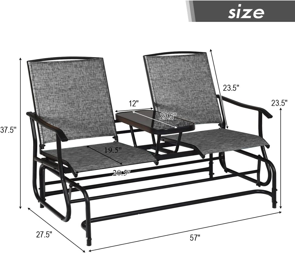 Giantex Patio Bench Glider Chair with Metal Frame, Center Tempered Glass Table, Outside Double Rocking Swing Loveseat for Porch, Garden, Poolside, Balcony, Lawn Rocker Outdoor Glider Bench(Gray)