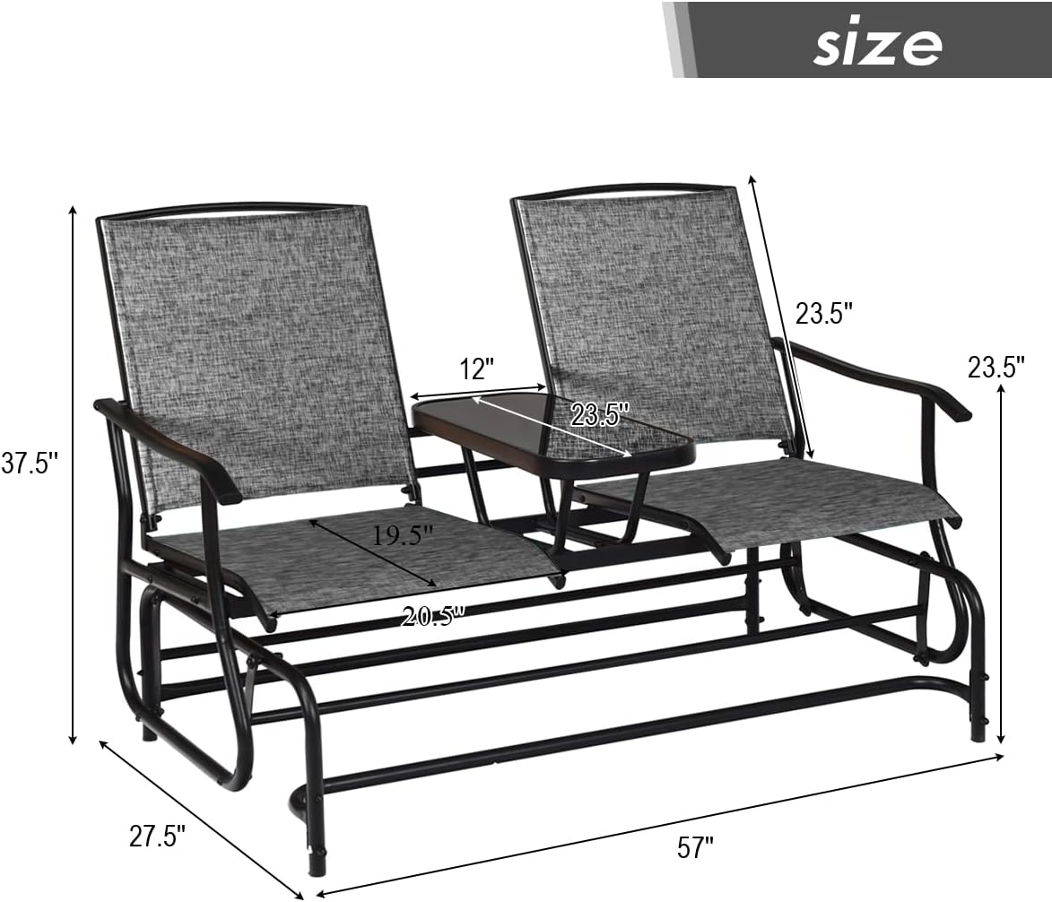 Giantex Patio Bench Glider Chair with Metal Frame, Center Tempered Glass Table, Outside Double Rocking Swing Loveseat for Porch, Garden, Poolside, Balcony, Lawn Rocker Outdoor Glider Bench(Gray)