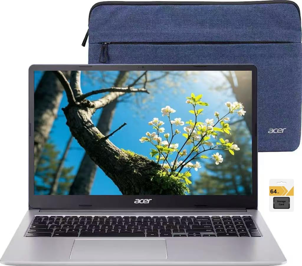 acer Chromebook 315, 15.6' FHD (1920 x 1080) IPS Display Laptop, Intel Celeron N4500, 4GB RAM, 128GB Storage (64GB eMMC + 64GB SD), Webcam, Chrome OS, Sparkly Silver, Protective Sleeve Included
