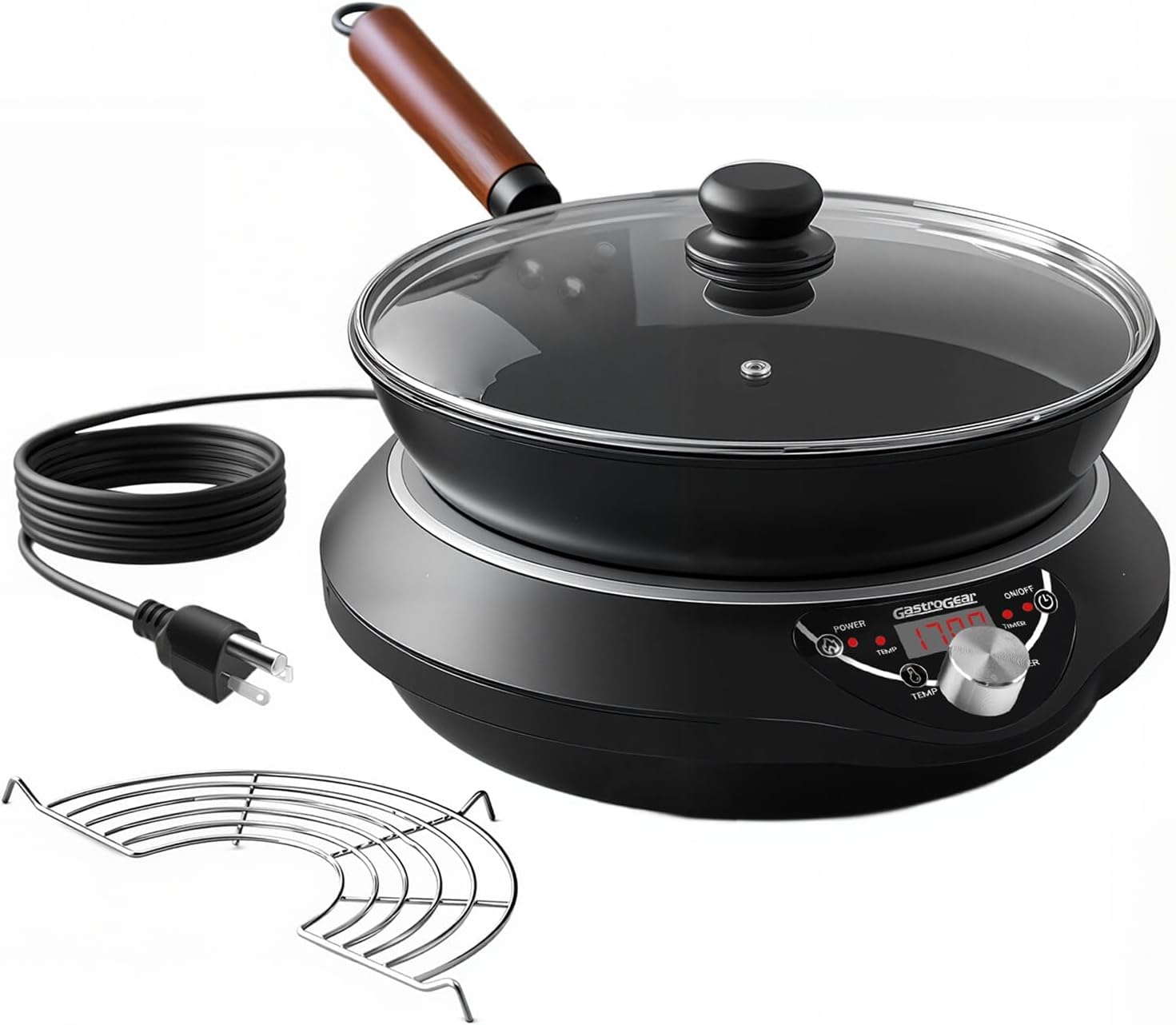 1700W Induction Cooktop with 13.4' Carbon Steel Wok Pan,Lid,Rack,1.97' Deep Curved Concave Electric Stove Burner 16 Watts/temp Precise Ctrl 200~1700W 176°F to 446°F,18H Timer ETL-Listed