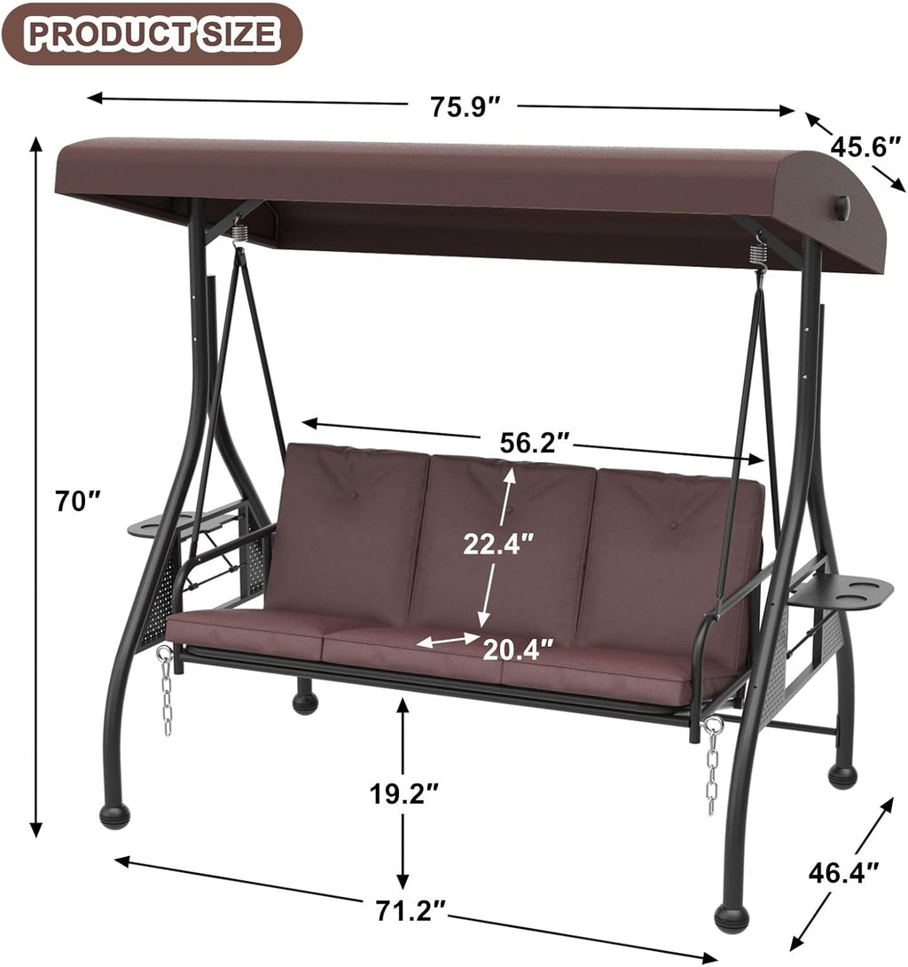 3-Seat Outdoor Porch Swing Glider with Adjustable Canopy, Convertible Patio Swings Bed with Upgraded Folding Cup Holders & Thicker Cushion for Backyard, Garden, Poolside - Brown