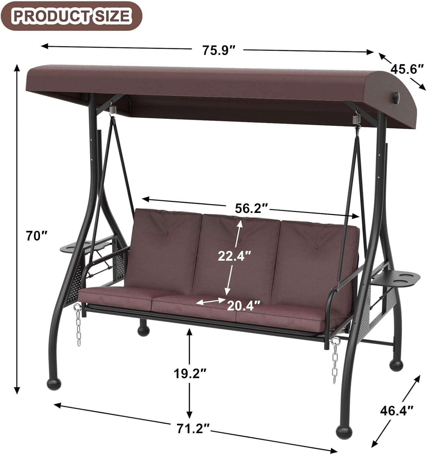3-Seat Outdoor Porch Swing Glider with Adjustable Canopy, Convertible Patio Swings Bed with Upgraded Folding Cup Holders & Thicker Cushion for Backyard, Garden, Poolside - Brown