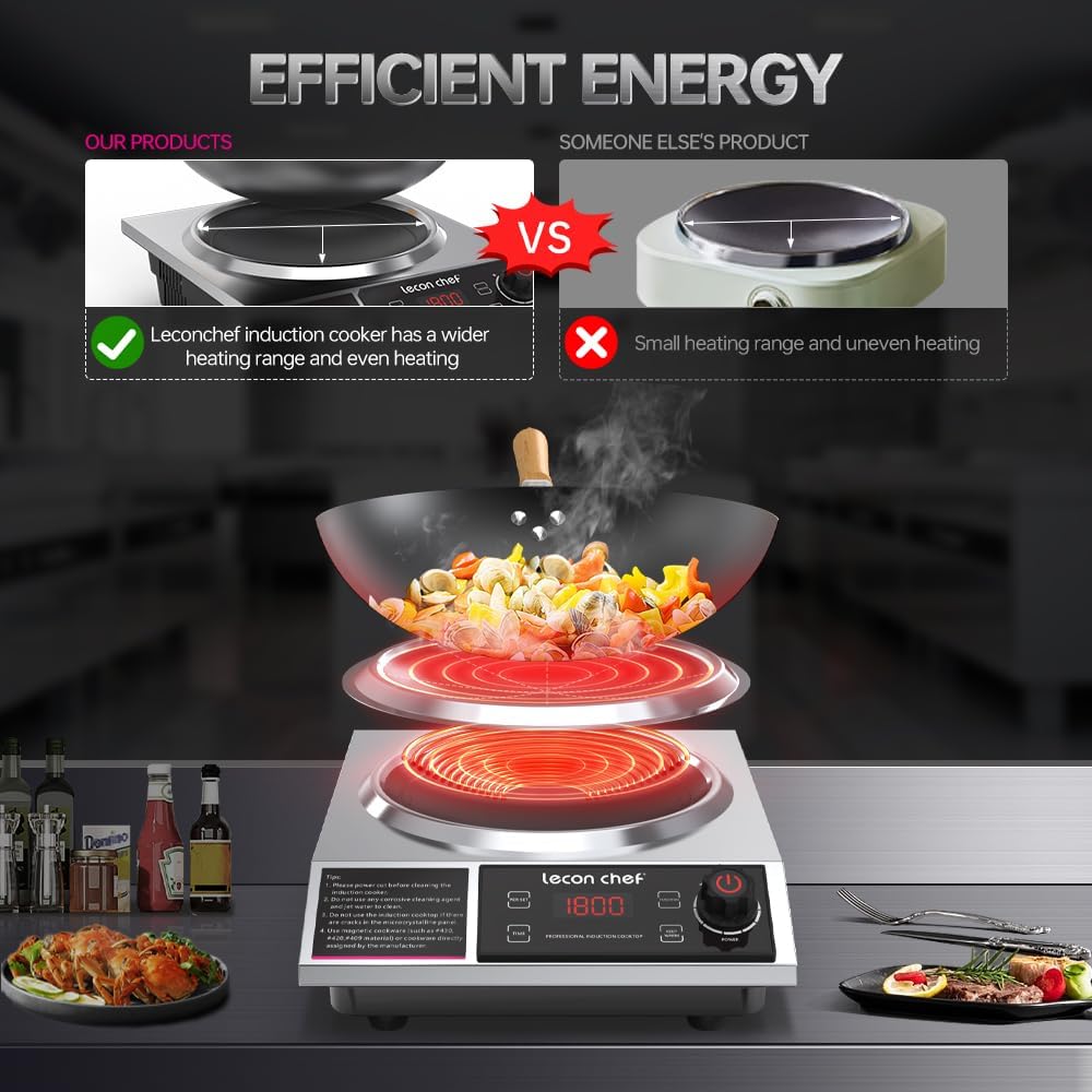 leconchef Induction Cooker with Wok 1800W Professional Electric Induction Burner with 11-Level Setting for Cooking,24-hour Timer and Preset,Keep warm,14' Carbon Steel Wok Included