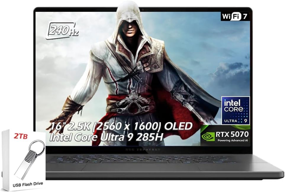 ASUS ROG Zephyrus G16 16' 2.5K OLED 240Hz Gaming Laptop, Intel Core Ultra 9 285H, RTX 5070 8GB, 16GB LPDDR5X 1TB SSD, Thunderbolt4, Wi-Fi7, Backlit KB, Win11, Eclipse Gray, w/2TB USB Drive, W/GaLiMu
