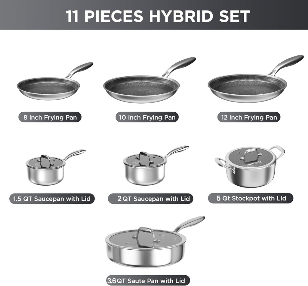 COOKER KING Stainless Steel Cookware Set, 11 Pcs Pots and Pans Set, Hybrid Ceramic Cookware,Non-Stick Frying Pans, Saucepans, Saute Pan & Stock Pot, Non-Toxic, Oven Safe, Induction Compatible
