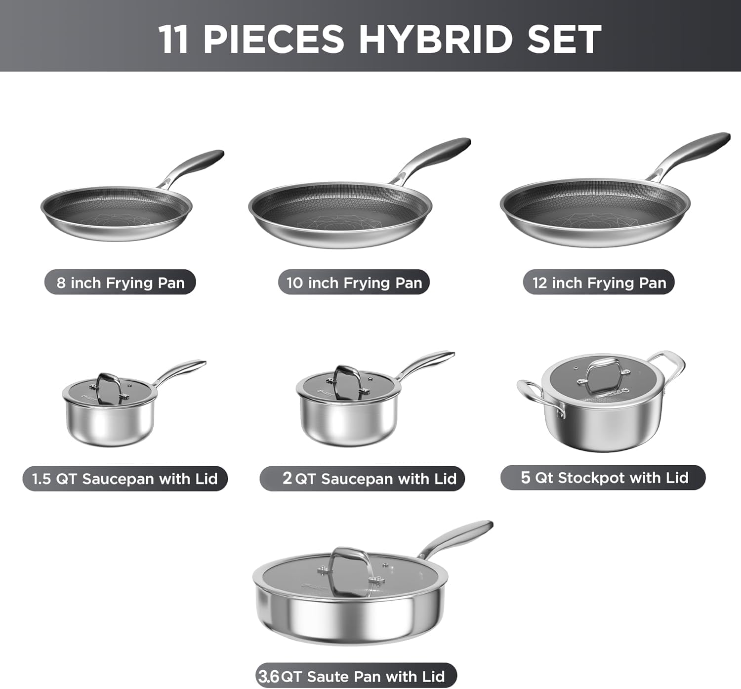 COOKER KING Stainless Steel Cookware Set, 11 Pcs Pots and Pans Set, Hybrid Ceramic Cookware,Non-Stick Frying Pans, Saucepans, Saute Pan & Stock Pot, Non-Toxic, Oven Safe, Induction Compatible