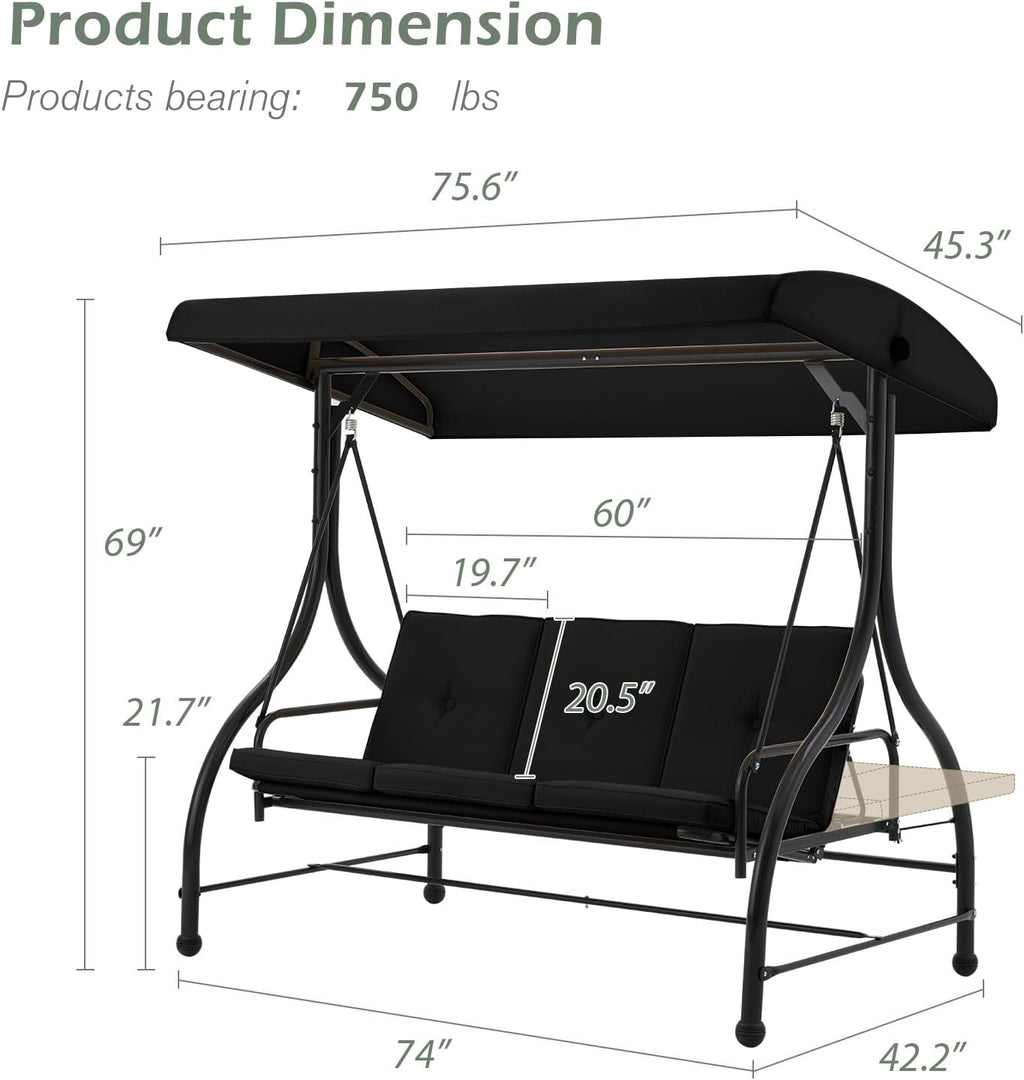 AECOJOY 3-Seat Outdoor Porch Swing with Adjustable Backrest and Canopy, Patio Swing w/Removable Cushions Outdoor Swing Bed for Porch, Backyard, Poolside, Black
