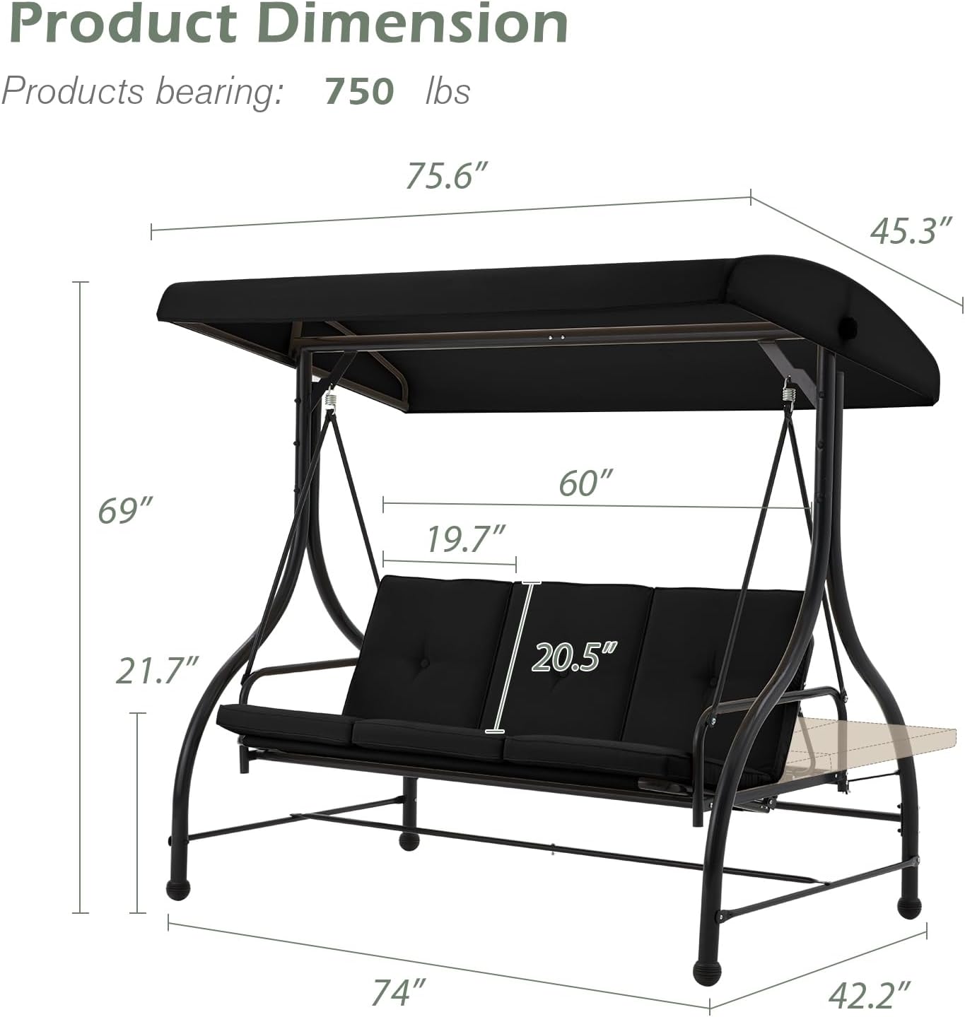 AECOJOY 3-Seat Outdoor Porch Swing with Adjustable Backrest and Canopy, Patio Swing w/Removable Cushions Outdoor Swing Bed for Porch, Backyard, Poolside, Black