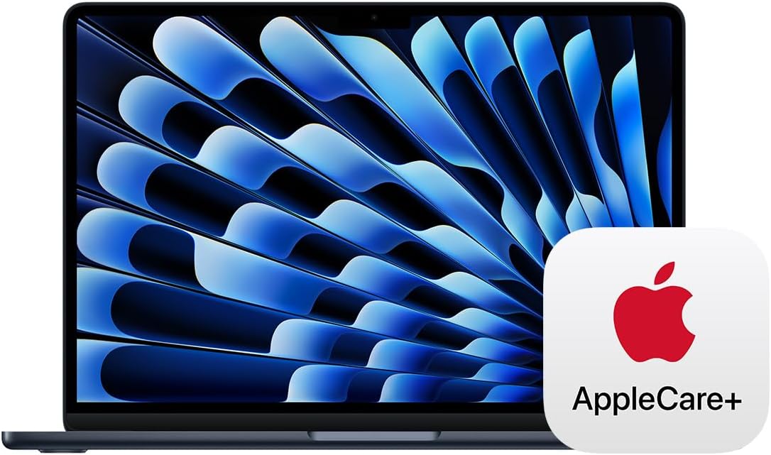 Apple 2025 MacBook Air 13-inch Laptop with M4 chip: Built for Apple Intelligence, 13.6-inch Liquid Retina Display, 16GB Unified Memory, 512GB SSD Storage, Touch ID; Midnight with AppleCare+ (3 Years)
