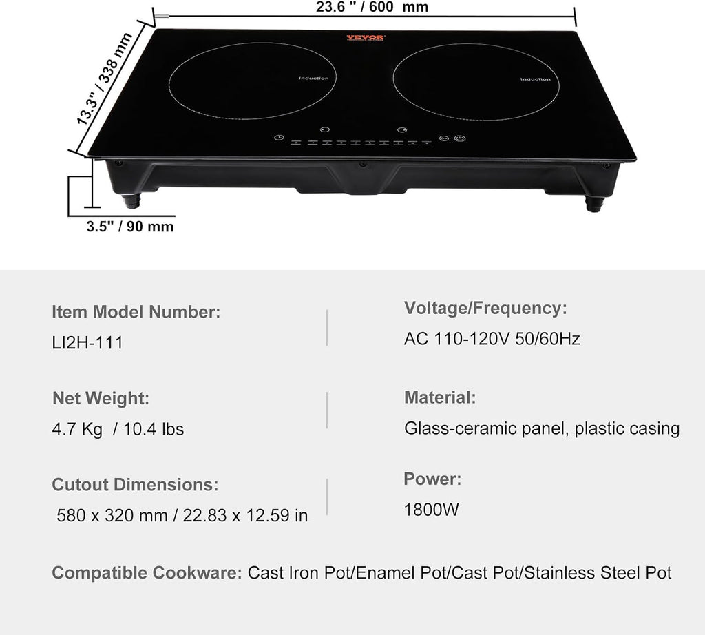 VEVOR Electric Cooktop, 2 Burners, 24'' Induction Stove Top, Built-in Magnetic Cooktop 1800W, 9 Heating Level Multifunctional Burner, LED Touch Screen w/Child Lock & Over-Temperature Protection