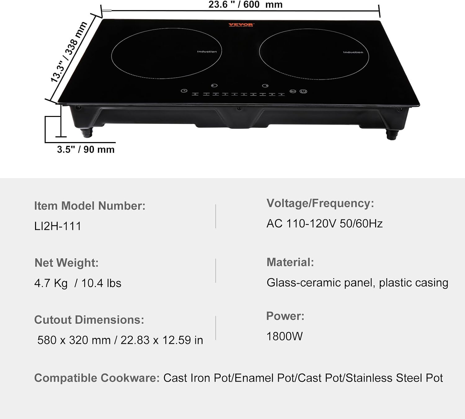 VEVOR Electric Cooktop, 2 Burners, 24'' Induction Stove Top, Built-in Magnetic Cooktop 1800W, 9 Heating Level Multifunctional Burner, LED Touch Screen w/Child Lock & Over-Temperature Protection