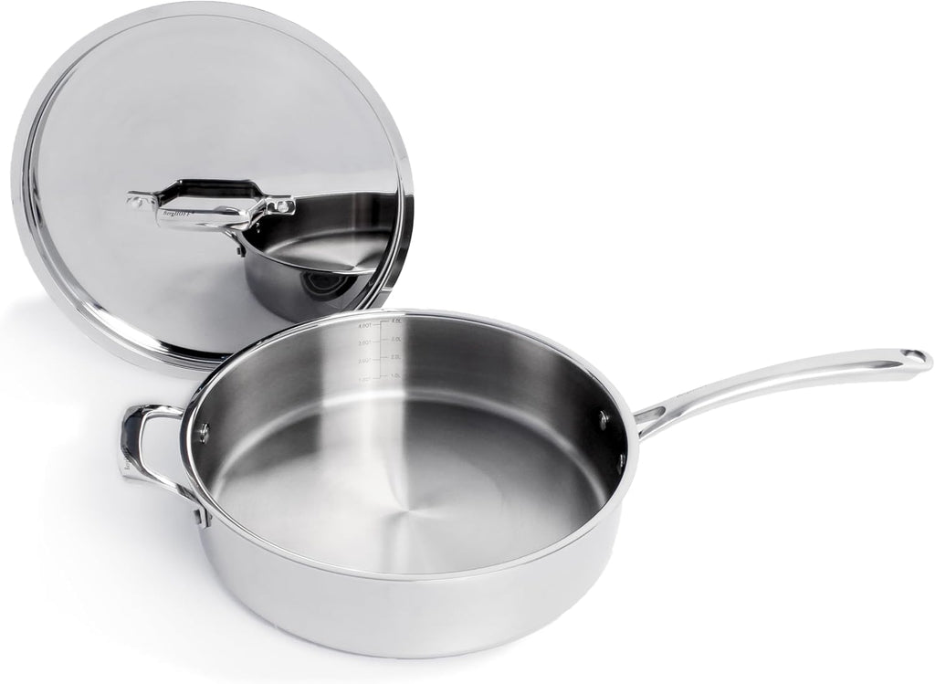 Berghoff Professional Tri-ply 18/10 Stainless Steel Sauté Pan 11' 4.6 Qt. Safe Grip Handle Matching Lid Induction Cooktop Measurement Markings Inside Fast & Even Heat Oven Safe