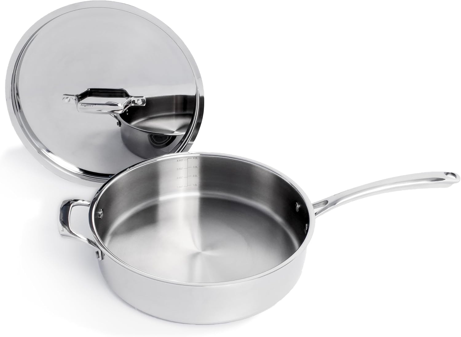 Berghoff Professional Tri-ply 18/10 Stainless Steel Sauté Pan 11' 4.6 Qt. Safe Grip Handle Matching Lid Induction Cooktop Measurement Markings Inside Fast & Even Heat Oven Safe