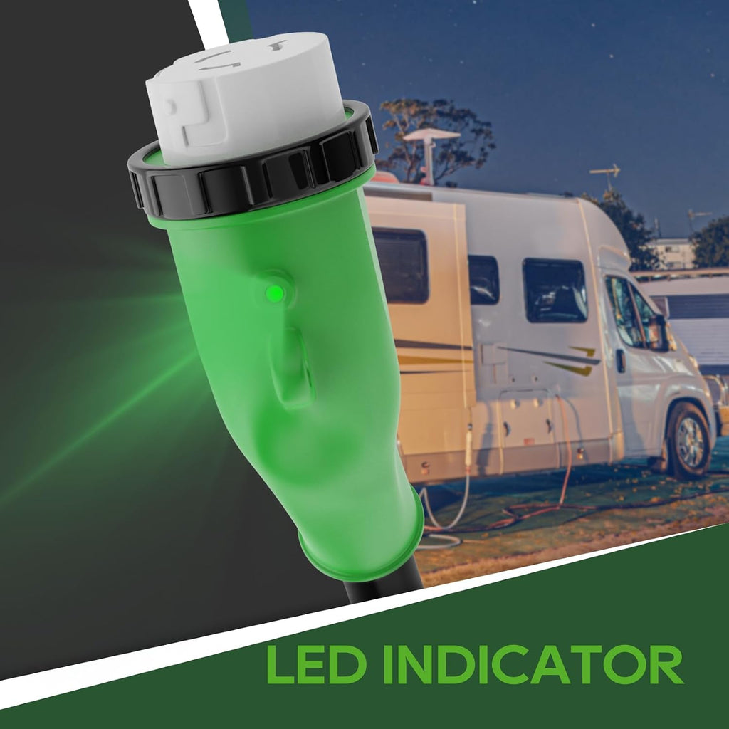 RVGUARD 50 Amp 50 Foot RV Power Cord with 135 Degree, 14-50P to SS2-50R Generator Extension Cord, Heavy Duty STW Cord with LED Power Indicator, Green, ETL Listed