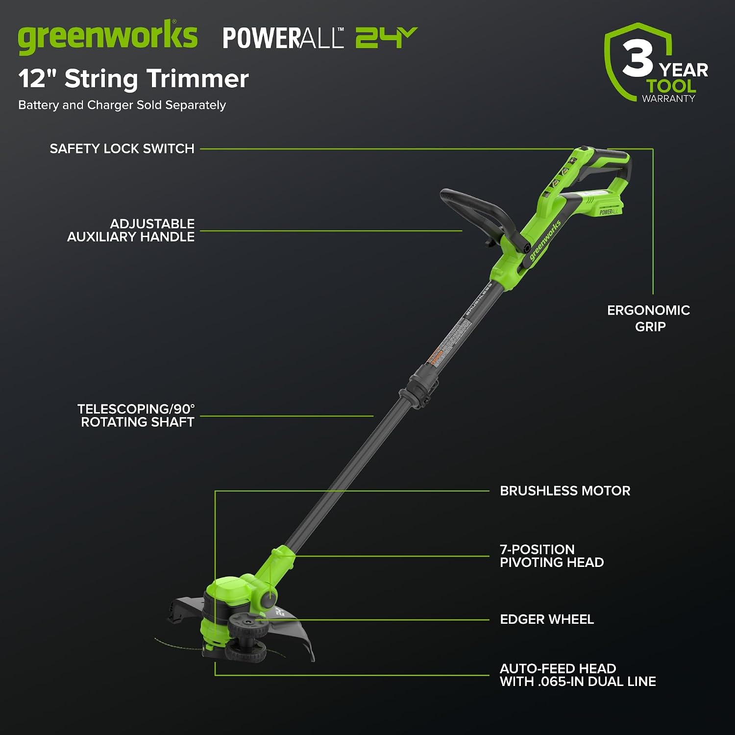 Greenworks 24V 12' Brushless String Trimmer, 2-in-1 Trimmer/Edger, Adjustable Shaft, 10 Plastic Blades, Lightweight 5.25lbs, 3-Year Warranty, Battery and Charger Not Included