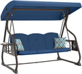 ZZW 3-Seat Patio Porch Swing 800LBS Outdoor Swing with Stand w/Canopy & Adjustable Backrest Patio Glider Chair w/Removable Pillows & Foldable Side Tray for Balcony Garden Deck (Blue)