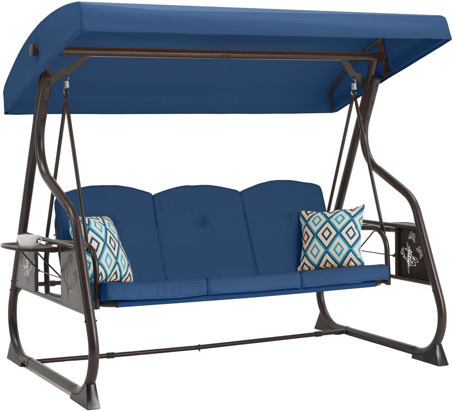 ZZW 3-Seat Patio Porch Swing 800LBS Outdoor Swing with Stand w/Canopy & Adjustable Backrest Patio Glider Chair w/Removable Pillows & Foldable Side Tray for Balcony Garden Deck (Blue)