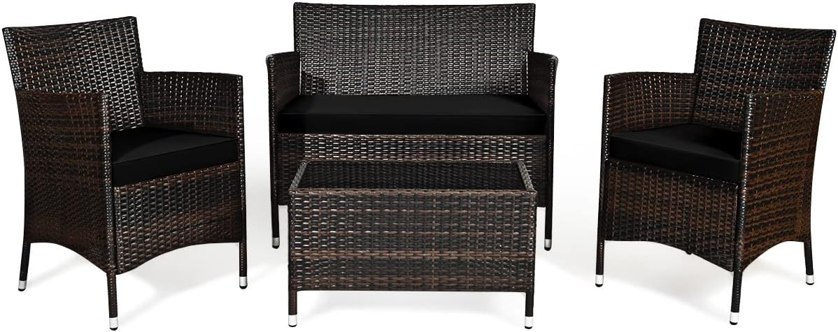 Goplus 4-Piece Rattan Patio Set, Outdoor/Indoor Wicker Conversation Set for Pool, Backyard, Lawn, Wicker Chairs and Sofa with Soft Cushion, Rattan Furniture with Tempered Glass Coffee Table