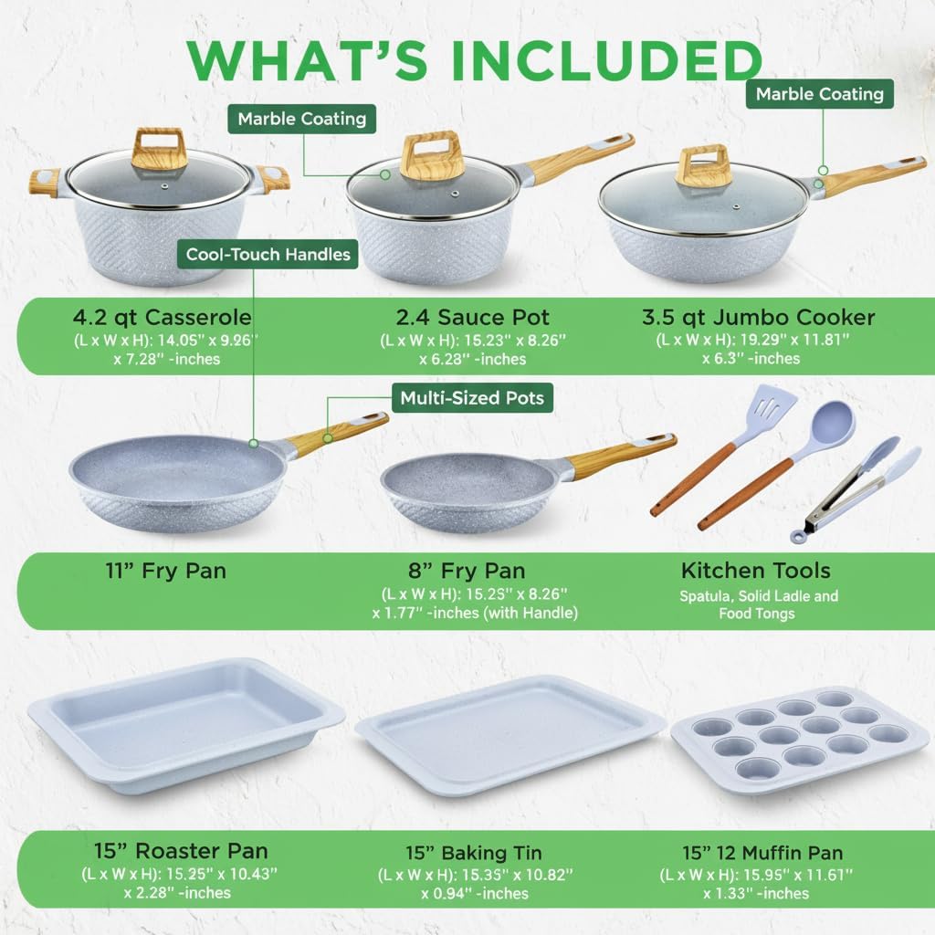 NutriChef 22‑Piece Non‑Stick Ceramic Pots and Pans Set – For All Cooktops Including Induction – PTFE & PFAS Free, Includes Bakeware & Utensils