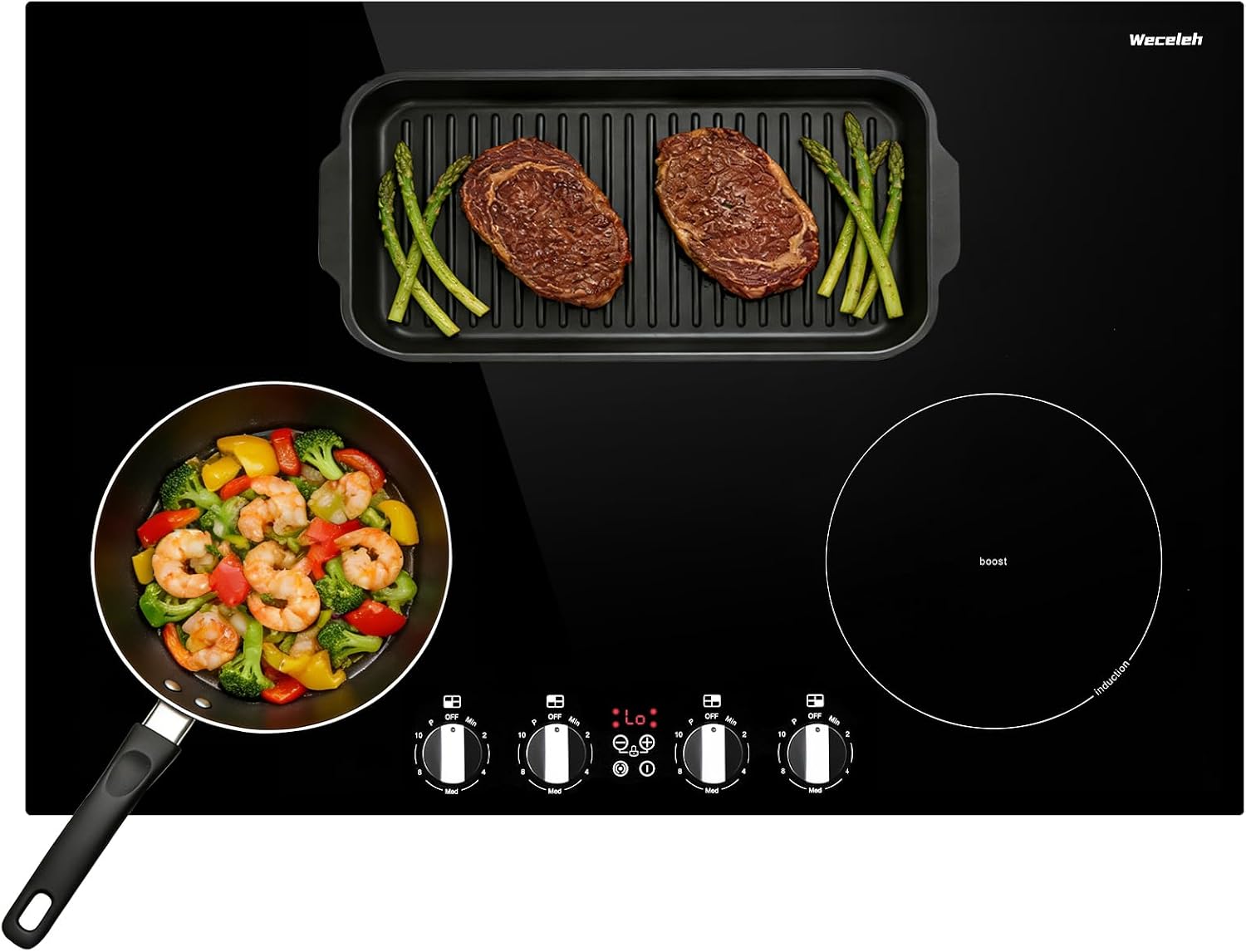 30 Inch Induction Cooktop 7800W, Weceleh 10 Levels Electric Cooktop with 4 BOOST Burners, Bulid-in Induction Stove Top, Bridge-Sync, Safety Lock, Timer, Knob Control, No Plug, 220-240V