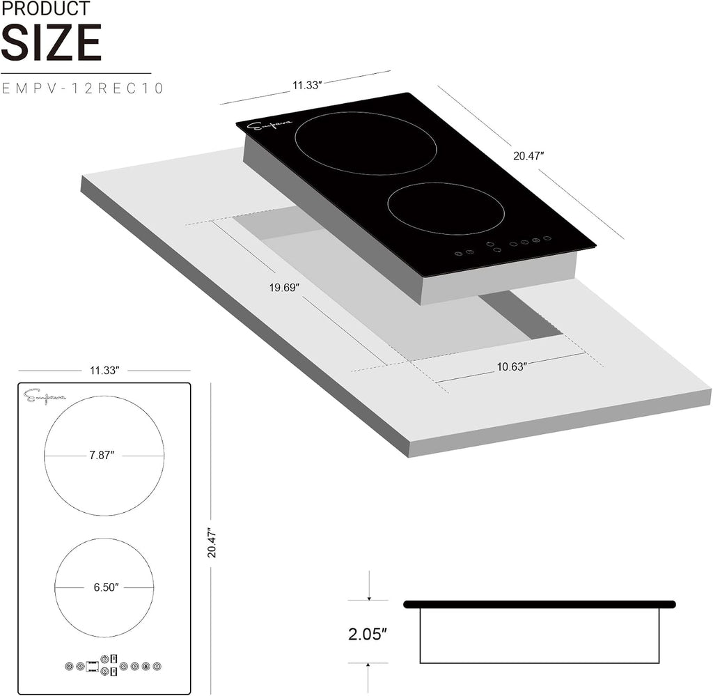 Empava 12 Inch Built-in Electric Cooktop with 2 Burners, Touch Control, Individual Timers, Stop & Go, Child Lock, Flush Mount Design, ETL Certified, 1200W & 1800W Zones, Hard Wired(No Plug)