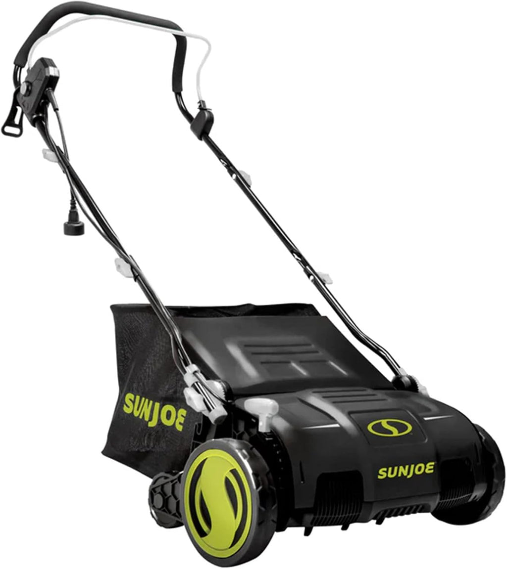 Sun Joe 15-Inch Electric Powered Lawn Dethatcher with Scarifier Blade Reel and Collection Bag - 13-Amp Corded Yard Power Rake Tool Machine for Grass Thatch Removal, AJ805E