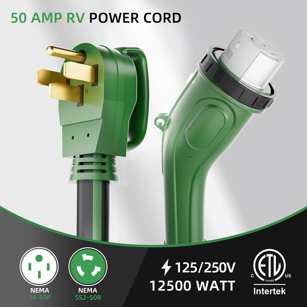 50 Amp 50 Feet RV Power Cord, Heavy Duty 6/3 + 8/1 Gauge STW 50A Generator Cord, NEMA 14-50P to SS2-50R LED Power Indicator Twist Lock for RV Trailer Camper and Generator to House, ETL Listed