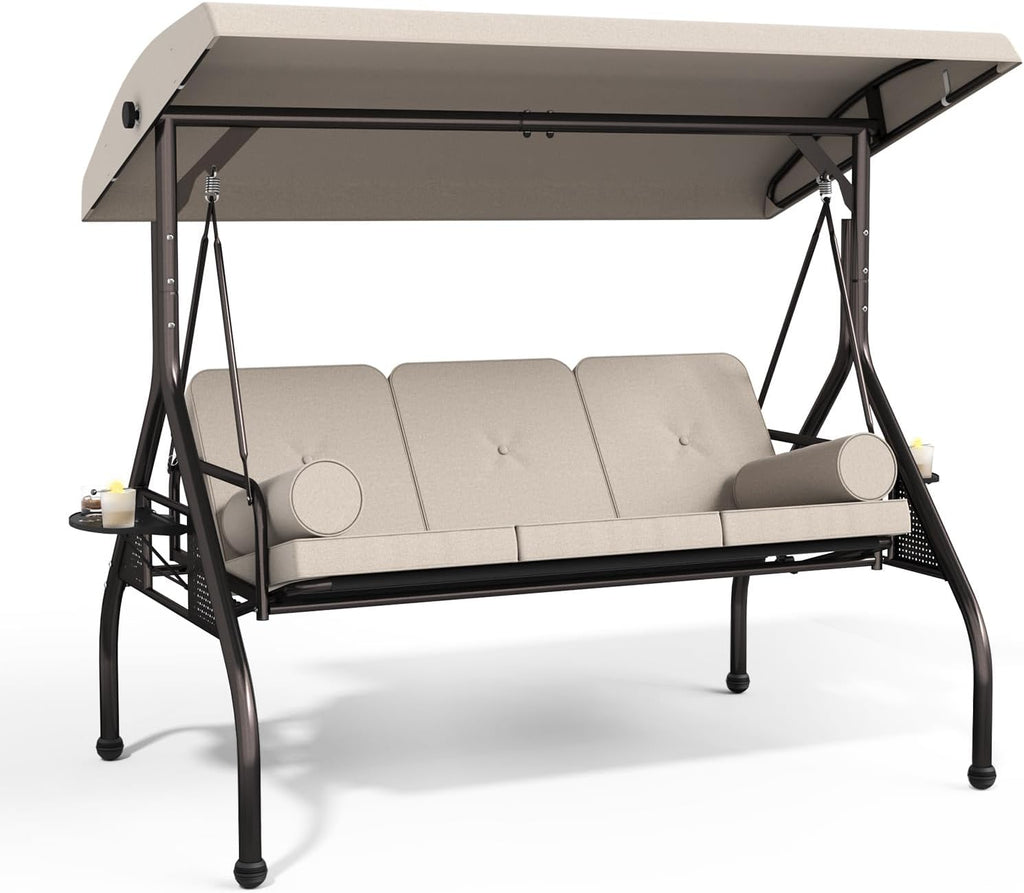 Betterland 3-Seat Patio Swing Chair, Outdoor Porch Swing with Cushions,Pillows & Cup Holders, Adjustable Canopy Outside Bench Swing for Backyard, Porch, Garden(Brown)