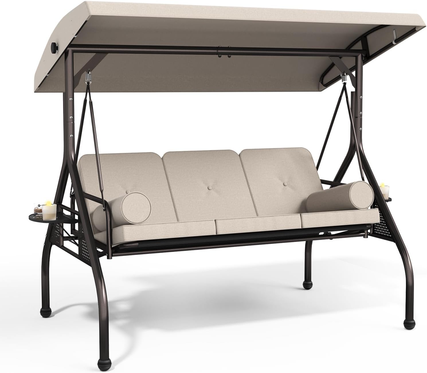 Betterland 3-Seat Patio Swing Chair, Outdoor Porch Swing with Cushions,Pillows & Cup Holders, Adjustable Canopy Outside Bench Swing for Backyard, Porch, Garden(Brown)