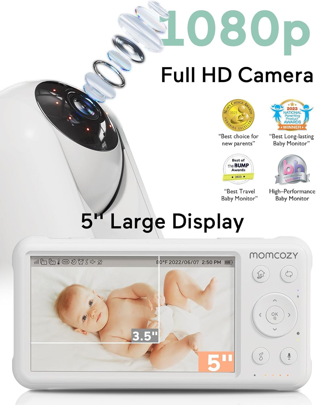 Momcozy Baby Monitor with 2 Cameras 5'' 1080P Split Screen Video Baby Monitor with Camera and Audio no WiFi for Baby Safety 5000mAh Battery Infrared Night Vision 2-Way Audio 960ft Range Ideal Gift