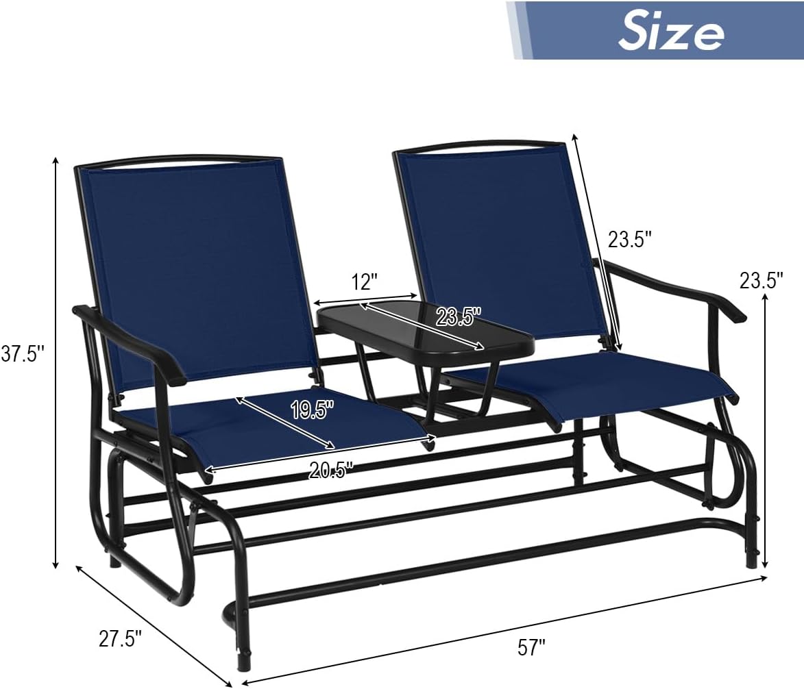 Giantex Outdoor Glider, Rocking Chair with Metal Frame, Center Tempered Glass Table, 2-Person Loveseat, Patio Glider Bench, Outside Swing Chair for Garden Yard Lawn Porch Patio Rocker (Navy)