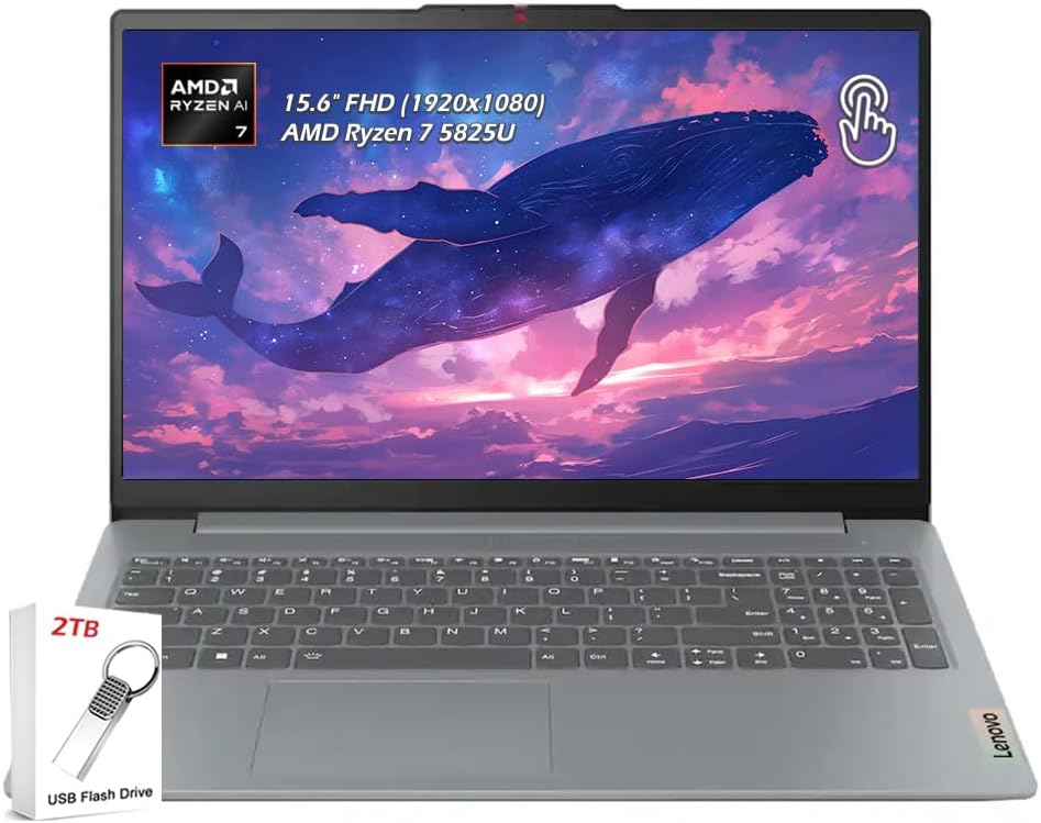 Lenovo IdeaPad Slim 3 Laptop – 15.6' Full HD Touchscreen, AMD Ryzen 7 5825U, 16GB RAM 1TB SSD, AMD Radeon Graphics, Bluetooth, Wi-Fi6, Webcam, Windows 11, Arctic Grey, w/2TB USB Drive, W/GaLiMu