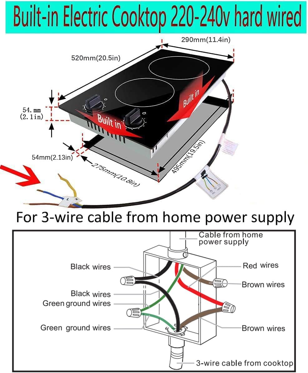Karinear 2 Burner Electric Cooktop 12 Inch Built-in Electric Stove Top, 220v- 240v Radiant Cooktop with Residual Heat Indicator, Knob Control, Over-Temperature Protection, Hard Wire(No Plug)