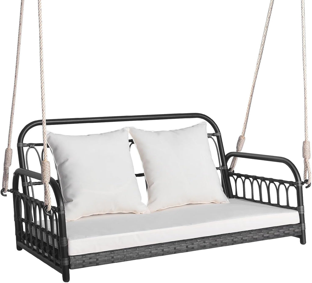 HAPPYGRILL 2-Person Patio Wicker Swing Chair, Hanging Outdoor Swing Bench with Removable Cushions, 880 LBS Weight Capacity, Outdoor Front Porch Swing for Garden Poolside Backyard