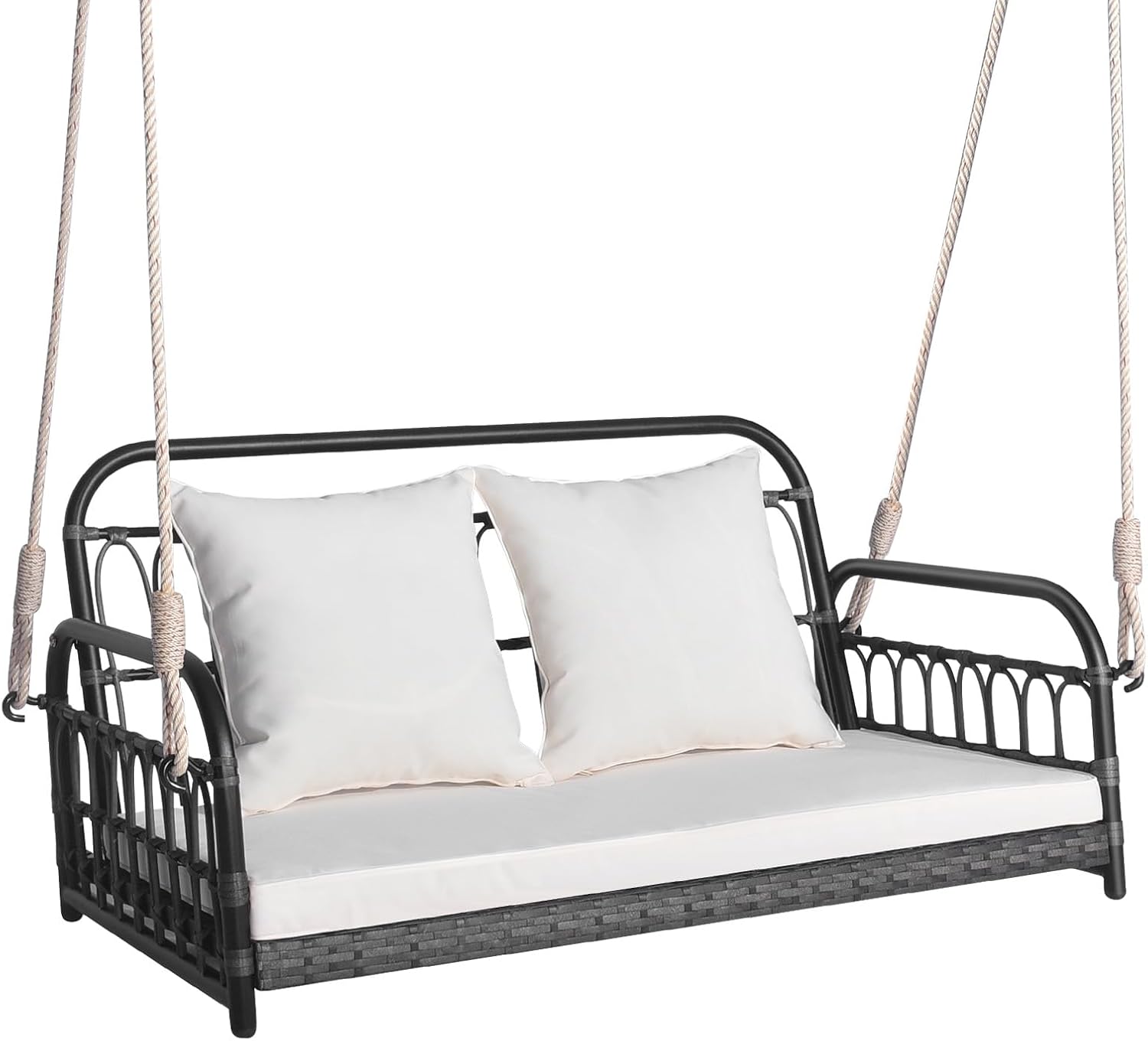 HAPPYGRILL 2-Person Patio Wicker Swing Chair, Hanging Outdoor Swing Bench with Removable Cushions, 880 LBS Weight Capacity, Outdoor Front Porch Swing for Garden Poolside Backyard