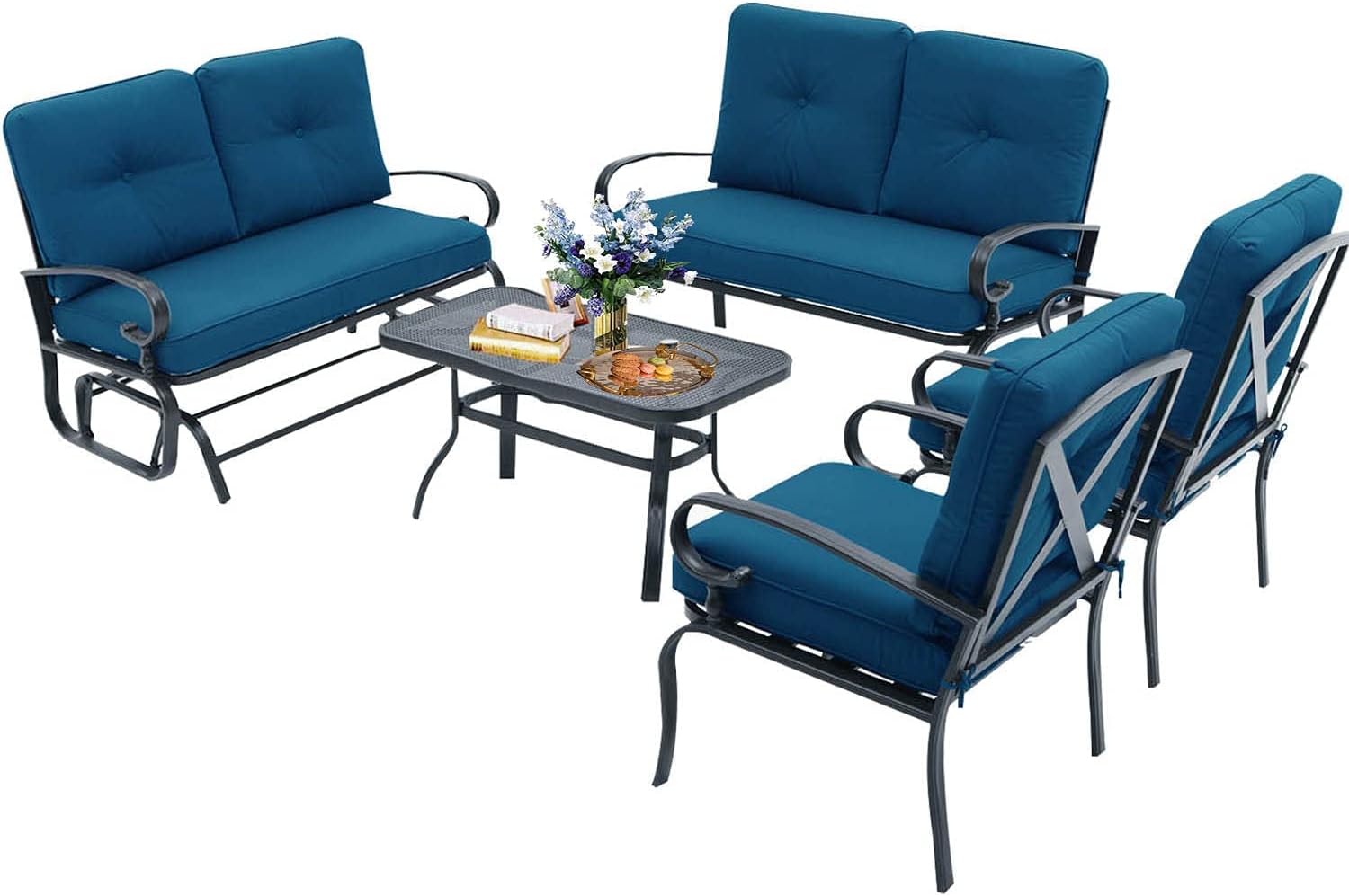 5Pcs Patio Conversation Set Outdoor Wrought Iron Furniture Set with 1 Glider,1 Loveseat, 2 Single Chairs, and Coffee Table, for Courtyard, Garden, Backyard(Peacock Blue)
