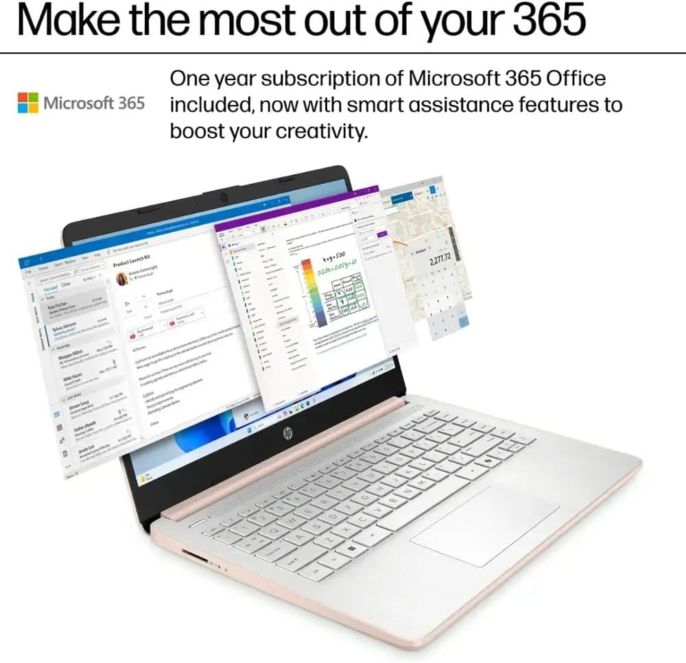 HP Ultra Thin 14' Laptop with Copilot, Intel N150, 16GB RAM, 384GB(128GB eMMC+256GB SD Card) • HUB • Mouse, Windows 11 Pro, 1-Year Office 365, Lightweight Rose Gold Notebook for Work & School