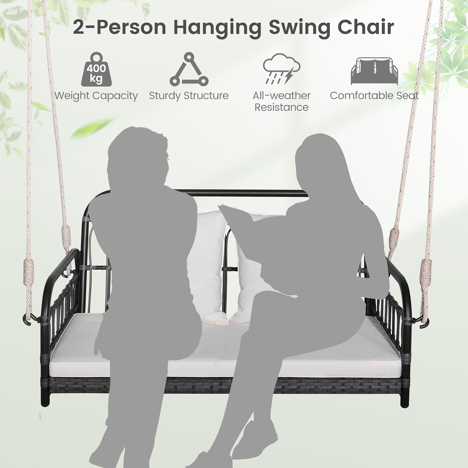 HAPPYGRILL 2-Person Patio Wicker Swing Chair, Hanging Outdoor Swing Bench with Removable Cushions, 880 LBS Weight Capacity, Outdoor Front Porch Swing for Garden Poolside Backyard