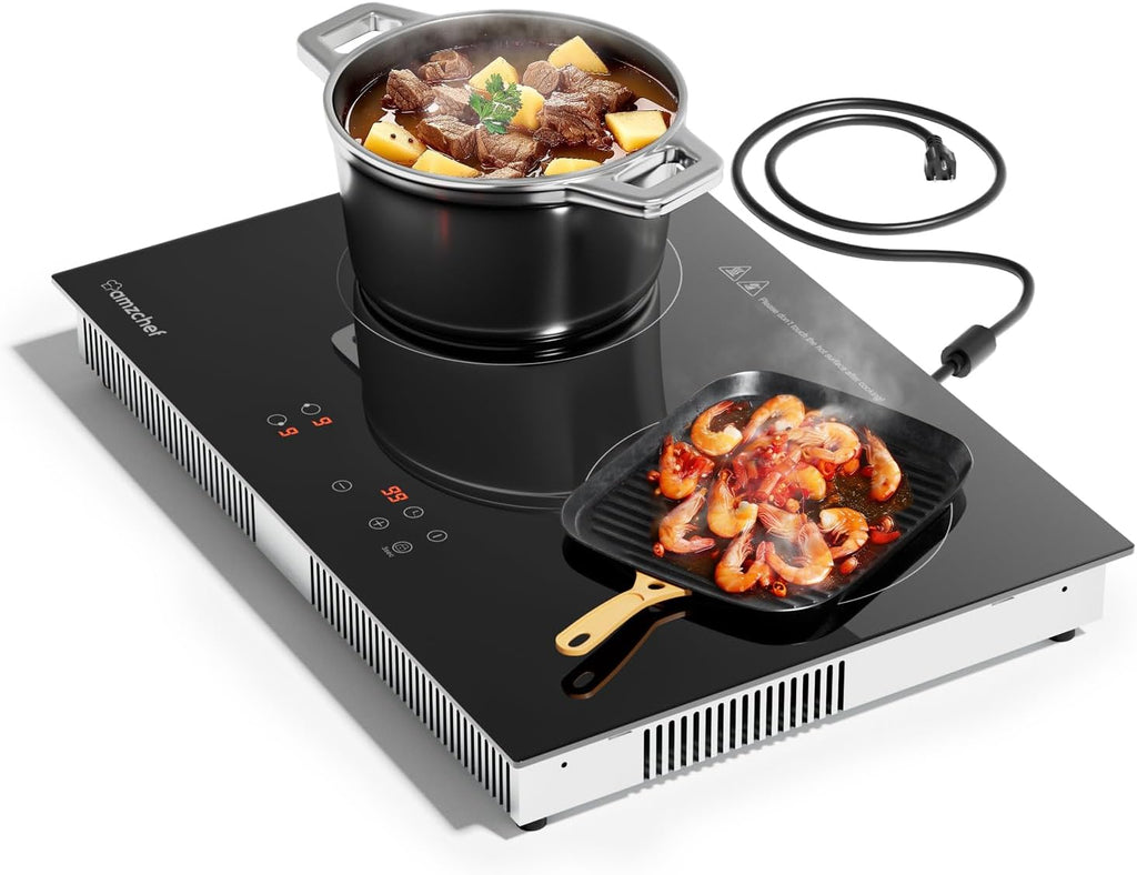 AMZCHEF Induction Cooktop 2 Burners 1800W, Built-in & Countertop Electric Cooktop with 9 Power Levels, 110V-120V Double Induction Stove with Plug, 99-min Timer, Safety Lock, Ceramic Glass