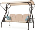 ZZW 800LBS Patio Swing with Canopy 3 Seat Outdoor Porch Swing with Stand w/Cup Holder & Pillow Glider Chair Swing Bed for Patio Backyard Poolside (Khaki)